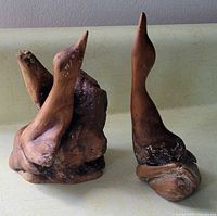 Front view of two driftwood bird carvings, showing natural wood texture and bird shapes.