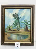 Framed dinosaur oil painting full view