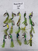All 15 spinner lures laid out showing blades, bodies, skirts