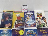 Top eight tapes including Matilda, Stuart Little, Cinderella, Toy Story 2, The Little Mermaid, Beauty and the Beast, Hercules, Beauty and the Beast second copy