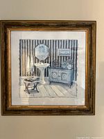 Full view of framed watercolor painting showing bathroom interior scene with pedestal sink, vintage cabinet, bench, and striped wallpaper.