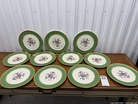 Set of 11 dinner plates arranged on a table, showing the green rims and central floral design.