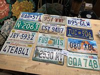 All 12 license plates laid out on table