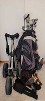 Overview of push cart, golf bag loaded with clubs, head covers and accessories