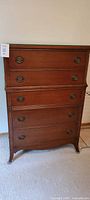 Front view of entire five-drawer tallboy dresser