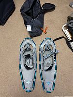 Two L.L.Bean snowshoes with blue aluminum frames and synthetic decking laid on carpeted floor with black carrying bag above them.