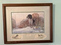 Complete view of the framed print showing the Springer Spaniel in a snowy field with inset sketches and plaques.