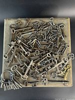 Top view of a large assortment of metal skeleton keys spread in a tray showing varied shapes and sizes.