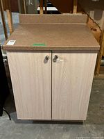 Front view of a wooden 2 door cupboard with brown flat top and light wood finish on doors, showing the cupboard closed.