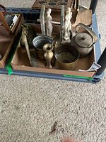 Tray with assorted metal items including kettle, vases, letter opener, cachepot, cup