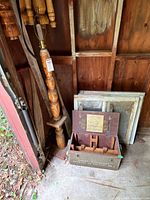 Overall lot showing chest, spindles and lamp