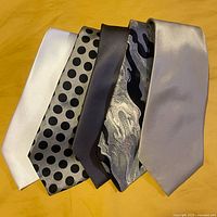 Set of 5 grey to white ties laid flat showing overall condition and colors