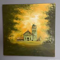 Full view of the square unframed oil painting showing Mission Santa Cruz with green and yellow tones surrounding the building and tower.