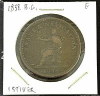 Obverse of 1838 British Guiana One Stiver copper token showing seated figure with Trade & Navigation inscription and date 1838