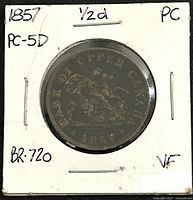 Front side of the 1857 Bank of Upper Canada half penny copper coin in protective holder, showing St. George slaying the dragon with 'BANK OF UPPER CANADA' inscription.