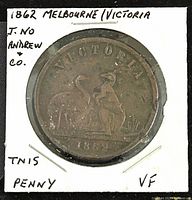 Obverse side of the 1862 copper 1 penny token showing kangaroo and emu and date.