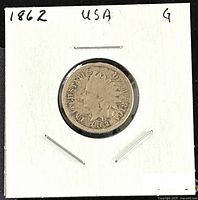 Obverse side of the 1862 US Indian Head Penny showing the Indian Head design and year 1862.