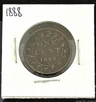 Reverse side of the bronze coin with the denomination text 'ONE CENT' and the year 1888 within ornate design