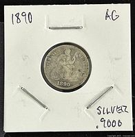 Front side of the 1890 Seated Liberty silver dime coin showing date and Liberty seated design, labeled as 90% silver and AG condition.