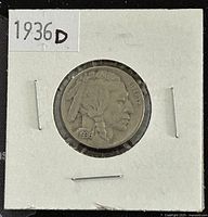 Obverse side of the 1936D Indian Head nickel showing the Native American profile and date.