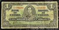 Full front view of the 1937 Canadian one dollar banknote showing King George VI portrait and serial number 1234599.