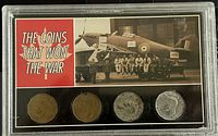 Front view of protective case showing four Canadian coins from WWII and image of a WWII airplane with soldiers, titled 'The Coins That Won The War'.