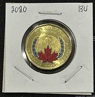 Obverse showing colored reverse design with red maple leaf and blue laurel branches commemorating 75th Anniversary of UN Charter.