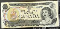 Front side of 1973 Canadian 1 dollar paper banknote showing portrait of Queen Elizabeth II, Canadian coat of arms and serial number ECR6460784.