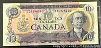 Full front view of 1979 Canadian ten dollar banknote showing portrait and security features.
