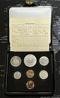 Overview of the complete 7 coin uncirculated 1980 Canadian coin set in a black wallet display with specifications card.