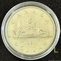 Reverse side showing two people in a canoe with trees and year 1981.