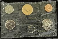 Front view of 1988 Canadian coin set sealed in plastic packaging showing all 6 coins, including penny, nickel, dime, quarter, half dollar, and dollar coins.
