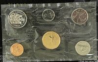 Front view of 1991 Canadian proof-like coin set sealed in plastic holder displaying 6 coins with detailed engravings and proof-like shine.