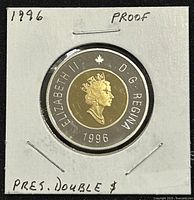 Obverse side of the 1996 Canadian proof Twoonie coin showing Queen Elizabeth II with inscriptions and maple leaf.