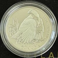 Close-up of the reverse side of the coin showing the red-tailed hawk, 'CANADA', '50 CENTS 2000' inscriptions.