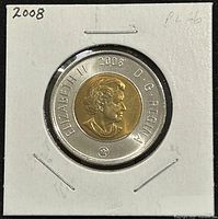 Obverse of 2008 Canadian two-dollar coin with Queen Elizabeth II portrait and date 2008.