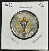 Front side of the coin showing colored 'V' torch design with victory inscriptions and years 1945 and 2020.