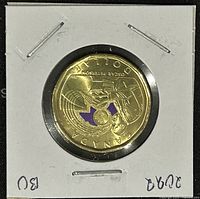 Obverse side of 2022 Canadian Oscar Peterson loonie coin showing coloured musical design and text "CANADA" and "OSCAR PETERSON".