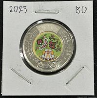 Front side of the coin showing a colorful Indigenous Peoples Day design with a brass plated aluminum bronze center and nickel plated steel ring.