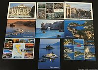 Nine postcards laid out on flat surface showing various scenic views from Rome and Corfu.