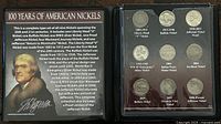 Front cover of the 100 Years of American Nickels set showing informational text and the nine coins displayed.