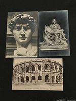 Front of three vintage postcards featuring Michelangelo's David head, La Pietà sculpture, and the Arena of Nîmes amphitheater.