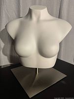 Front view of one white female torso mannequin with metal flat base stand on black surface, showing detailed chest and shoulder shape.