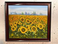 Full front view of framed sunflower field acrylic painting showing detailed sunflowers and background.