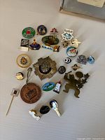 Top-down image of multiple assorted pins laid out on a white surface showing various provincial, commemorative, and novelty enamel and metal pins.
