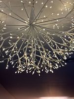 Close-up image of the hanging LED twinkle light ball with white pliable branches lit up, showing the detailed branching arms and LED lights.