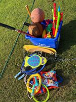 Photo showing a blue plastic bin filled with two basketballs, toy water guns, rackets, and other assorted outdoor play equipment on grass.