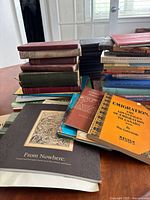 Photo showing multiple stacks of vintage and antique books including varied bindings and titles such as 'Emigration: Advantages of Emigration to Canada' and 'From Nowhere'.