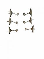 Six solid brass towel rack holders arranged in two rows showing front and back sides with ornate backs and towel bar holders.