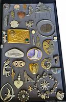 Top view of the full collection of jewelry pieces showing belt buckle, pins, pendants, medallions, bracelet, ring, and assorted decorative items on a tray (tray not included).